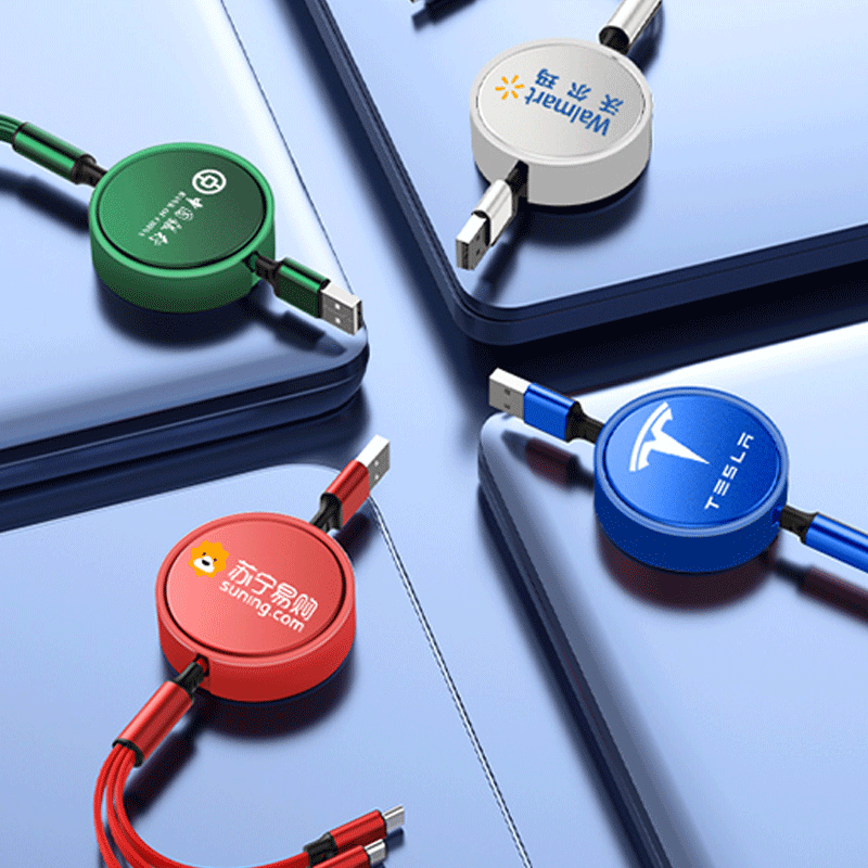 铝合金款100W超级快充三合一数据线定制LOGO广告小礼品多功能伸缩一拖三手机充电线type-c订制定做印制图案