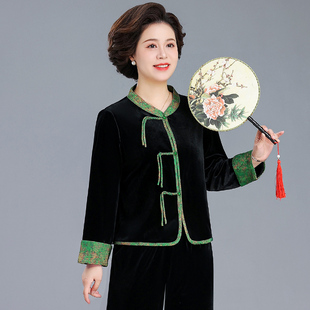 妈妈春秋金丝绒两件套装 外套洋气时尚 唐装 上衣 国风老年人女新中式