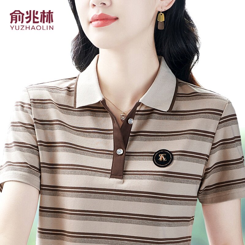 俞兆林品牌条纹短袖t恤女夏季纯棉上衣薄洋气妈妈运动polo衫夏装