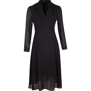 春款女装2025年新款v领长袖黑色雪纺连衣裙收腰显瘦气质修身裙子