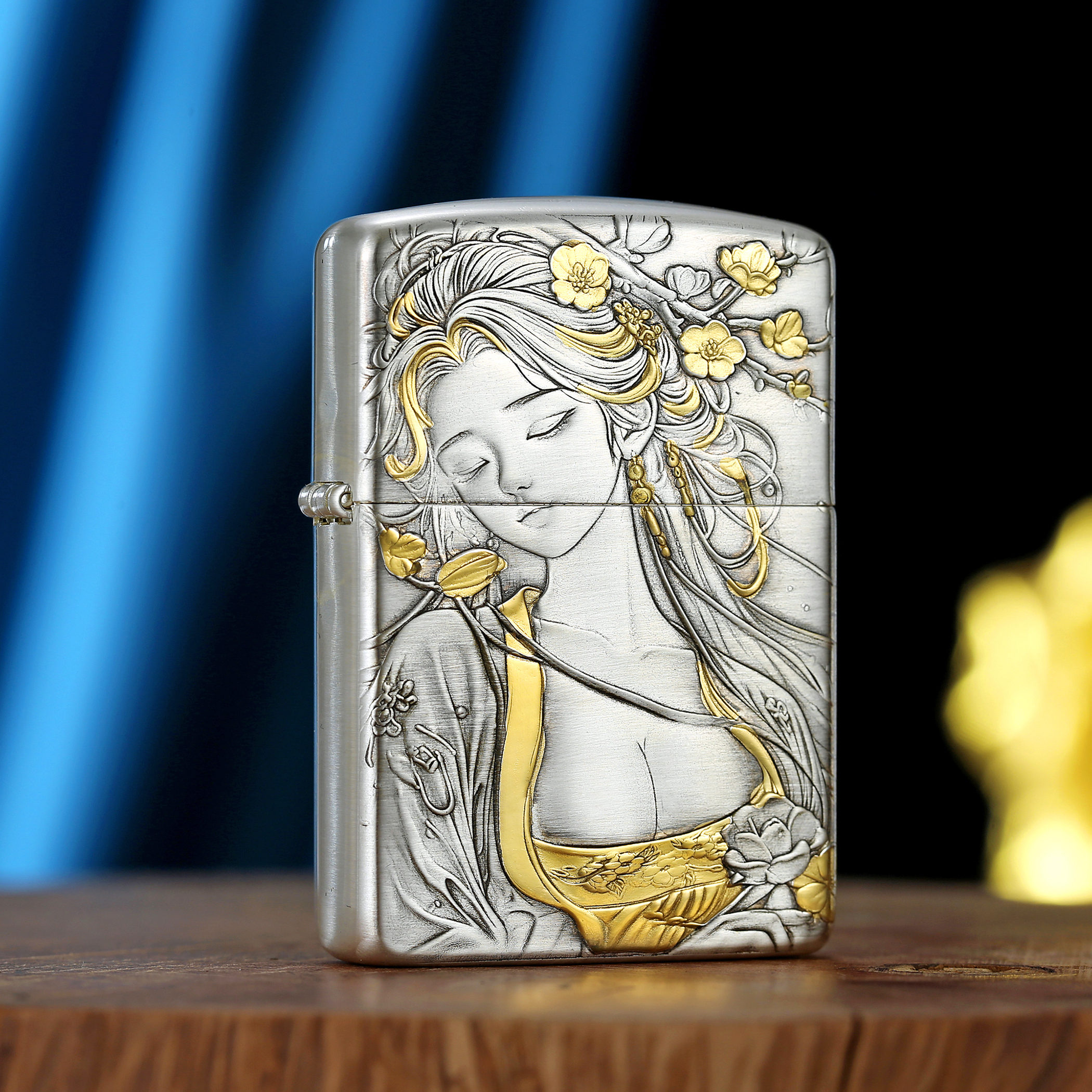 Zippo正品煤油打火机 桃花女郎双面浮雕镀银168盔甲机男士送礼物