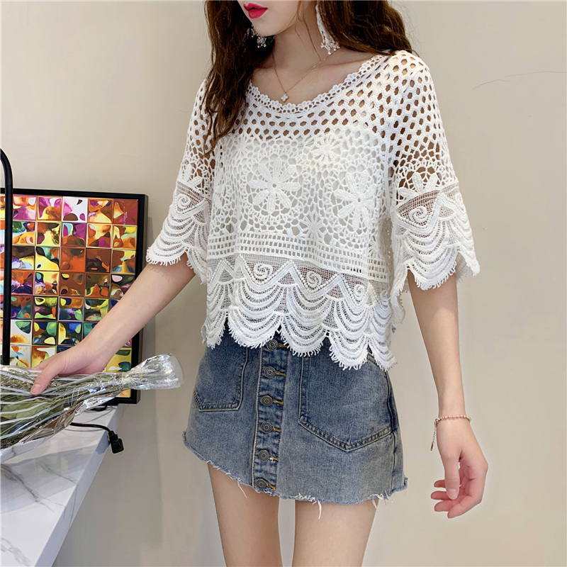 Real shot cotton hollow out Lace Crochet top women's white bikini blouse sun proof clothes holiday beach clothes