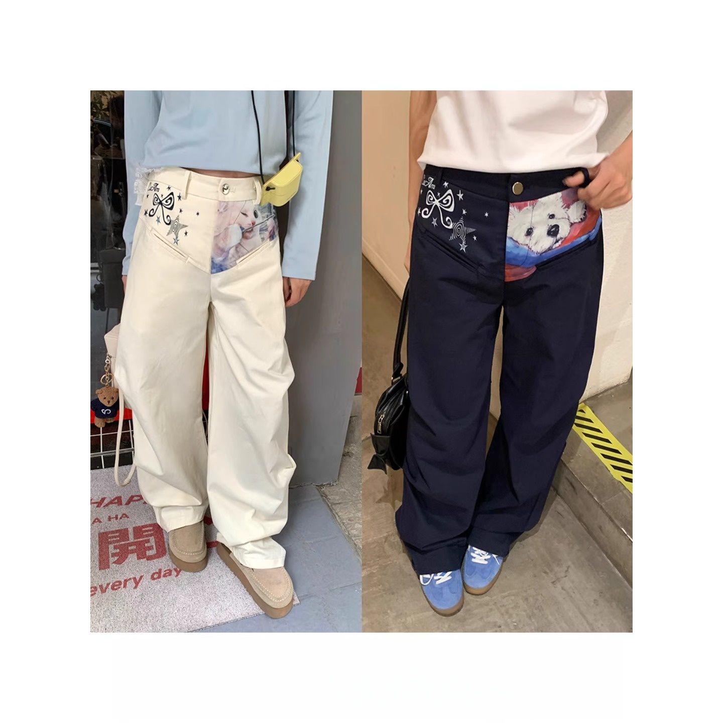 猫咪印花打褶休闲裤2025春季新款韩版小狗设计宽松显瘦阔腿裤男女