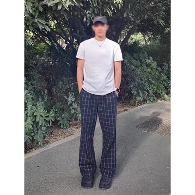 何以至此美式格子裤子男夏季薄款微喇弯刀裤子提档直筒休闲运动裤