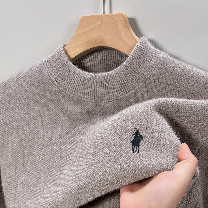 中年男士加绒加厚毛衣冬季新款保暖时尚半高领针织衫打底上衣