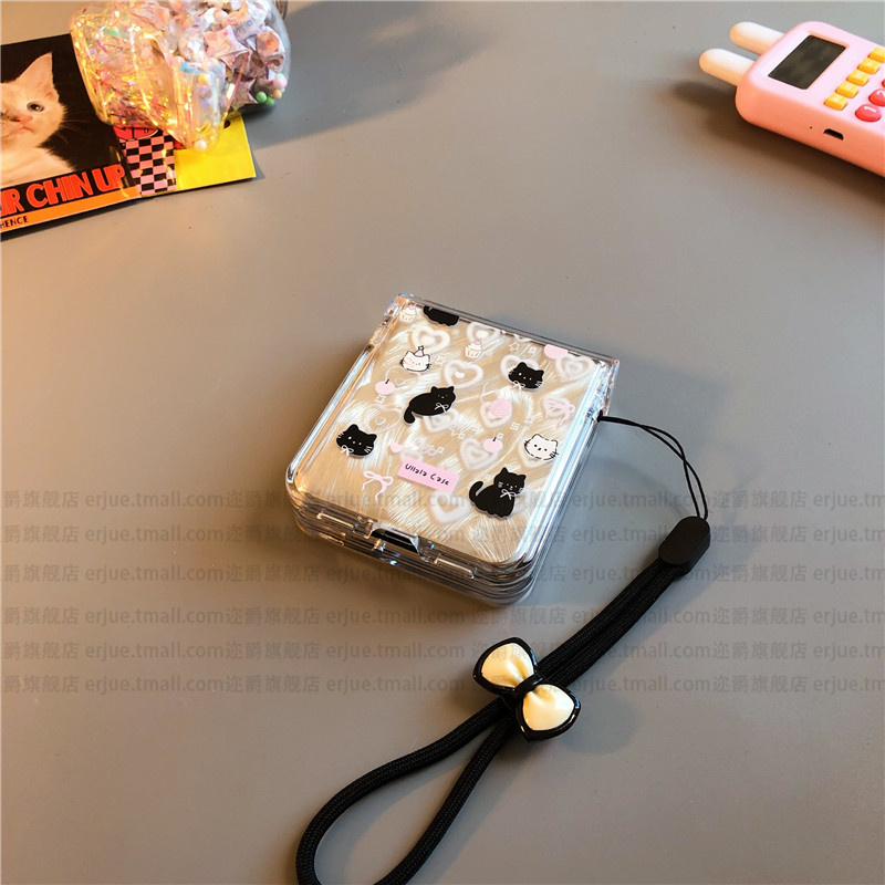 黑猫适用华为pocket2手机壳p50硬nova三星zflip5 6 4卡通vivox flip透明oppofindn3n2女w24f荣耀v小米mixflip