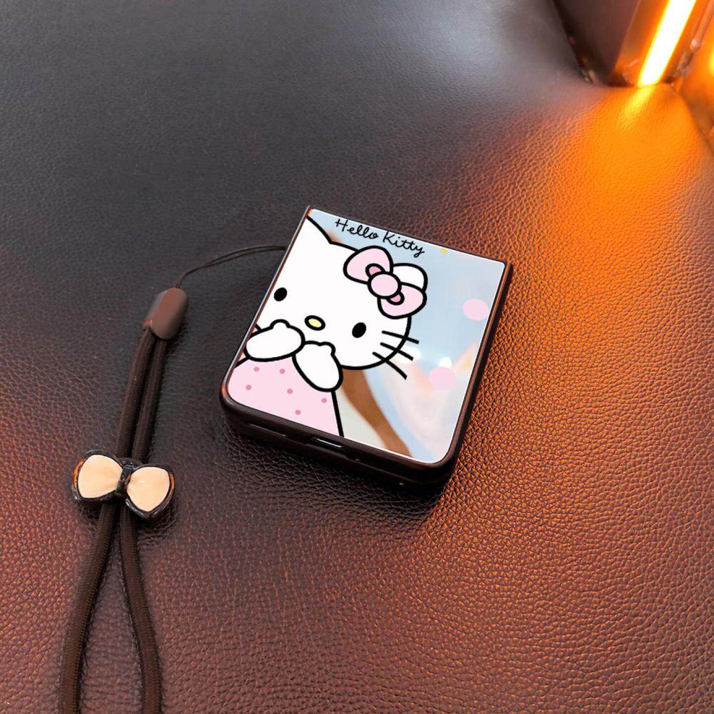 捂嘴kitty适用华为purax手机壳pocket2小米mixflip硬novaflips三星zflip764卡通p50镜面oppofindn3n2女w25绳