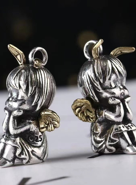 梅卡原创925银做旧天使女孩项链可爱复古小天使吊坠送女男生礼物