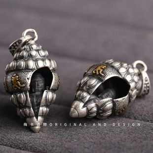 梅卡s925纯银六字真言镀金法螺藏式海螺DIY配件释迦摩尼佛像吊坠