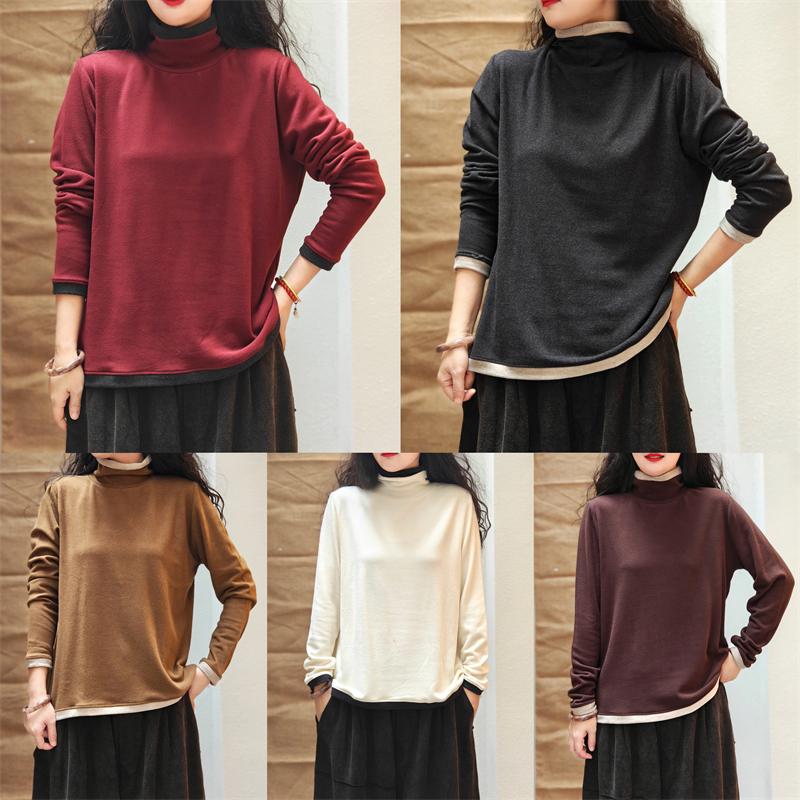 复古高领套头拼接撞色长袖打底T恤女2024秋季款百搭内搭显瘦上衣