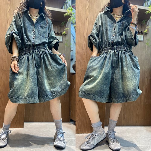 复古牛仔风高腰松紧带阔腿连体裤女宽松显瘦百搭翻领短裤