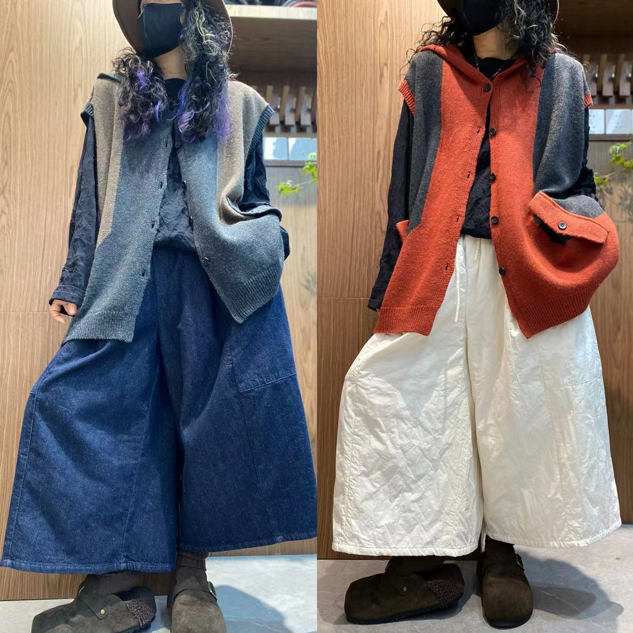 连帽排扣格雷系撞色针织马甲女宽松显瘦无袖坎肩背心外套