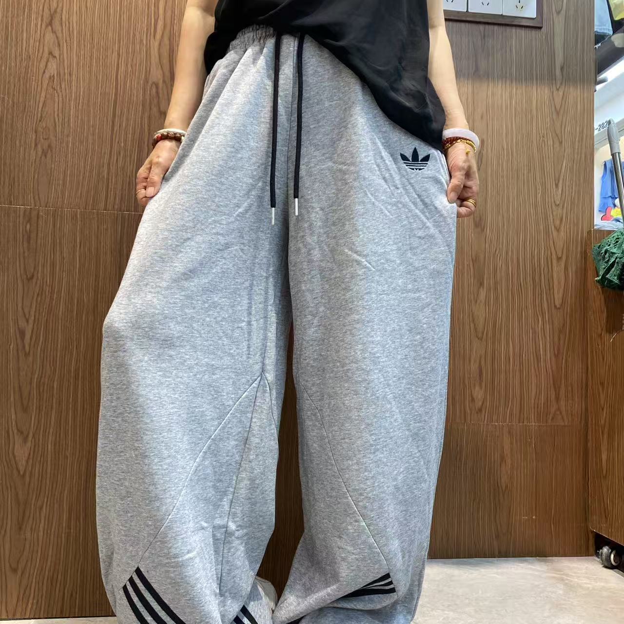 高品质秋季新款拼接撞色休闲卫裤女士大码松紧腰长裤直筒阔腿裤