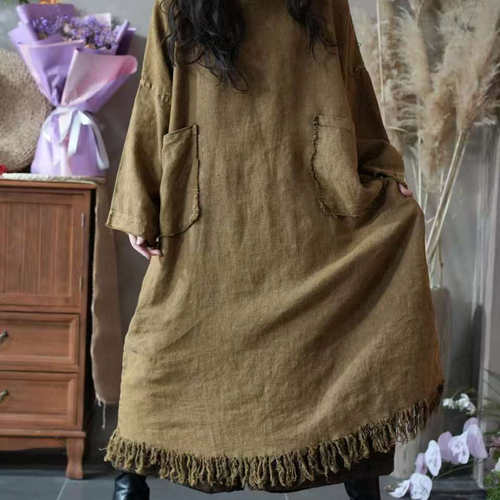 纯色大口袋流苏大码女裙棉麻连衣裙多色宽松休闲女裙显瘦百搭