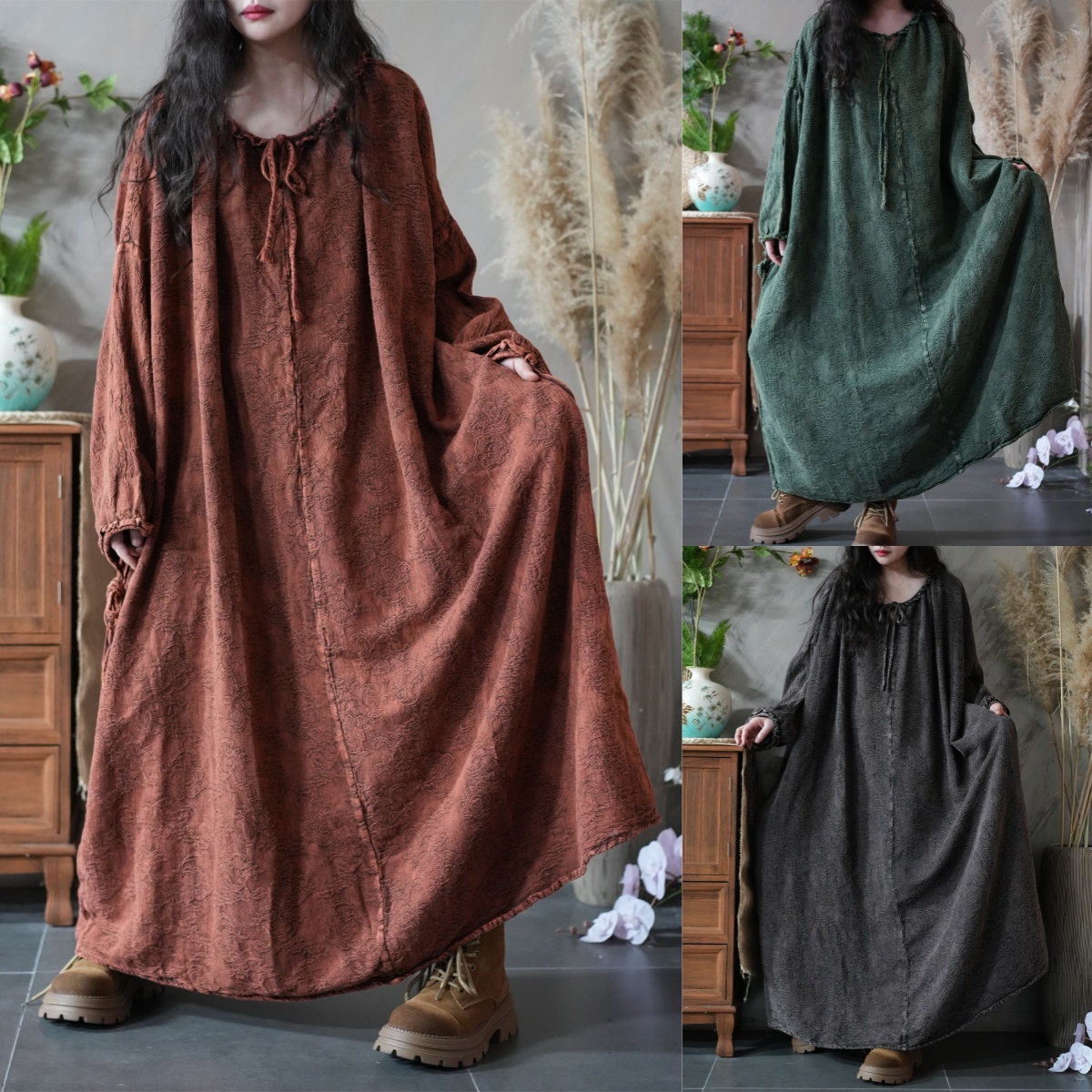 复古做旧感文艺国风提花长款连衣裙女2025秋季新款炒色300斤裙子