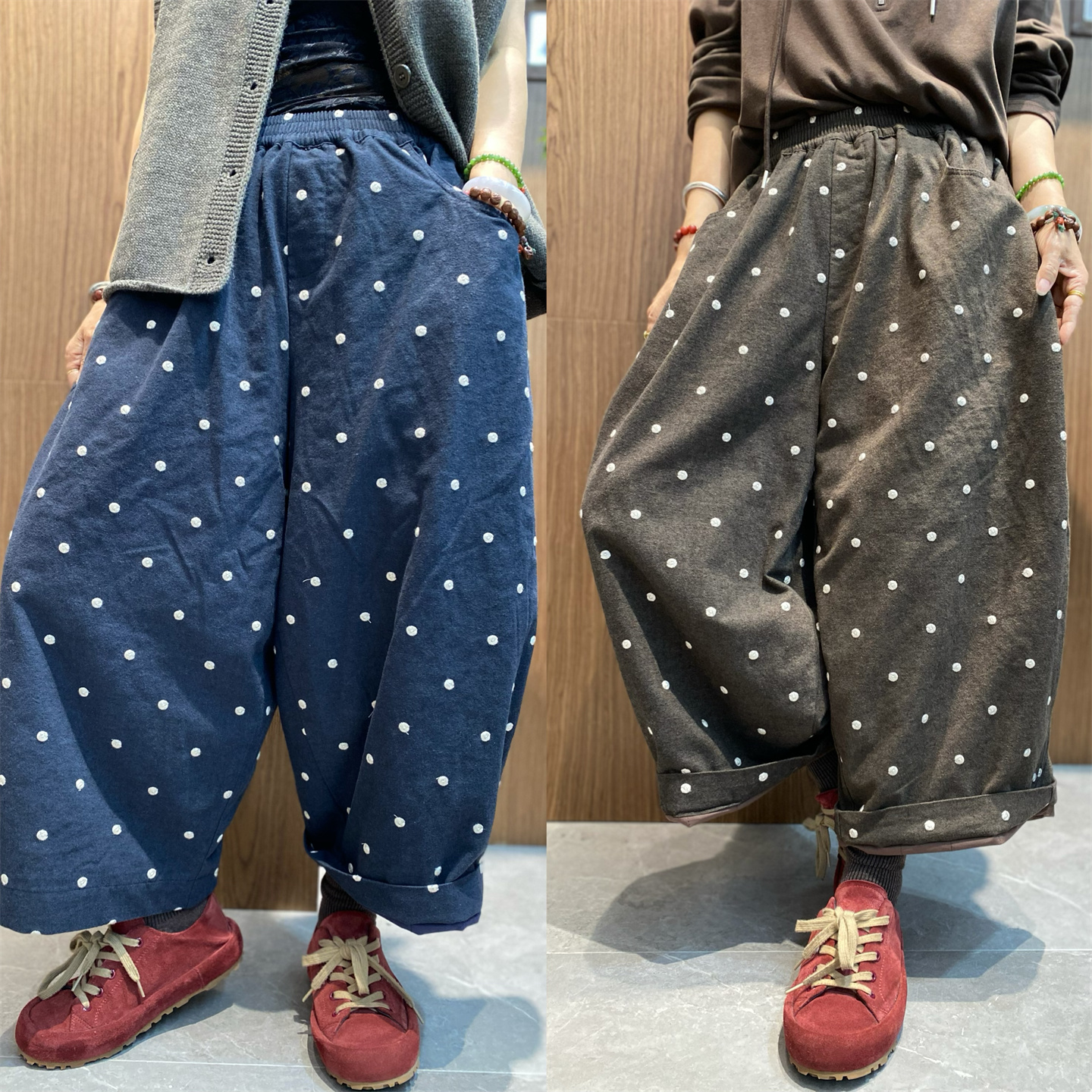 复古大版夹棉波点绣花裤休闲女2025秋季新款松紧腰简约炒色萝卜裤