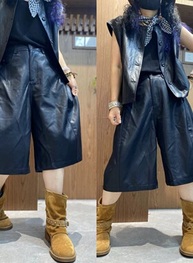 黑色质感大码皮裤女2025秋季新款宽松遮肉五分裤休闲直筒中裤