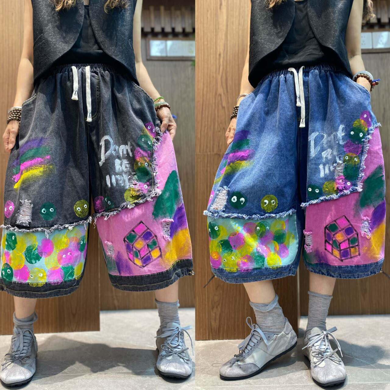 拼色涂鸦风牛仔哈伦裤女宽松显瘦七分休闲裤抽绳束脚裤夏季新款