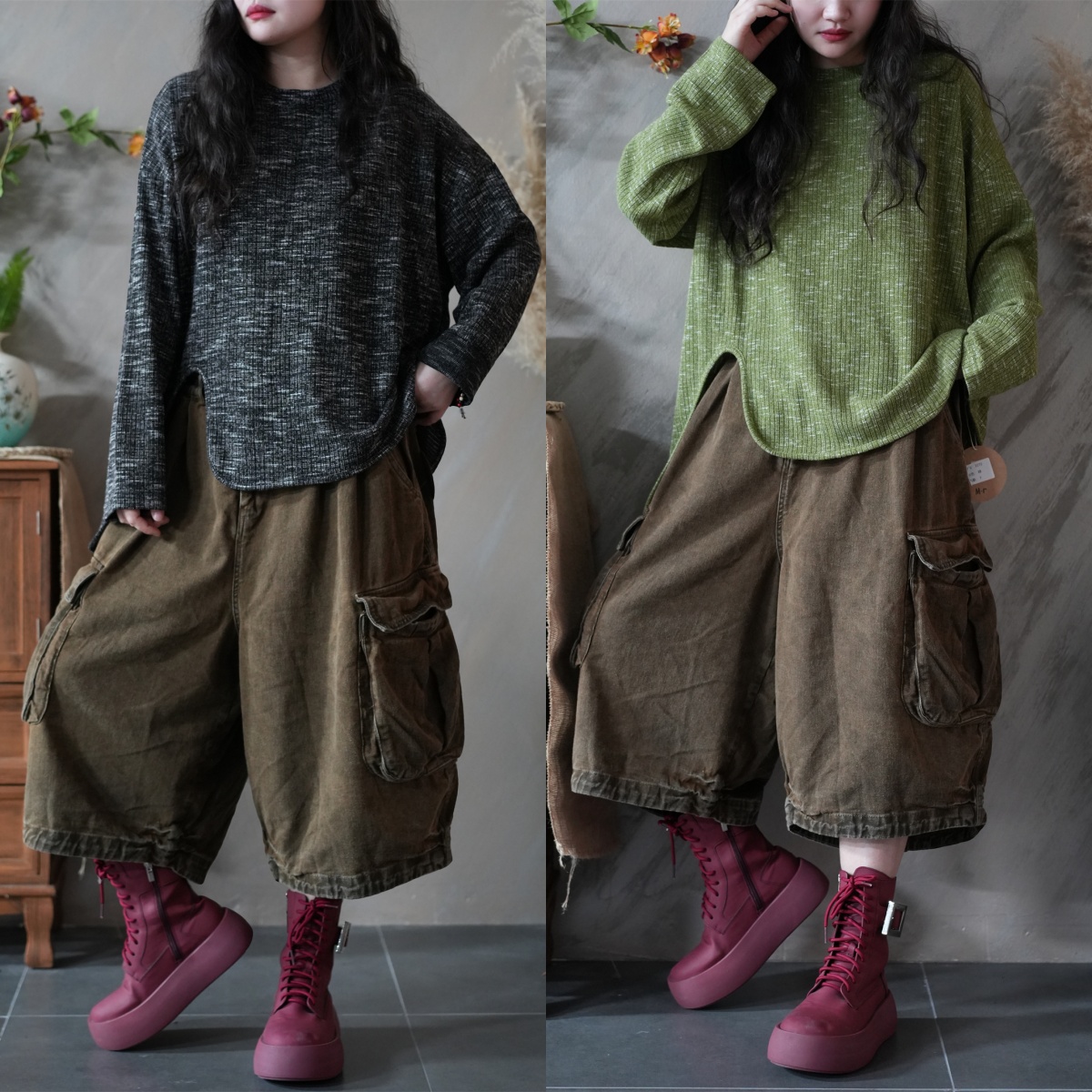 炒色个性不规则长袖圆领T恤女2025秋款宽松复古百搭不规则上衣潮