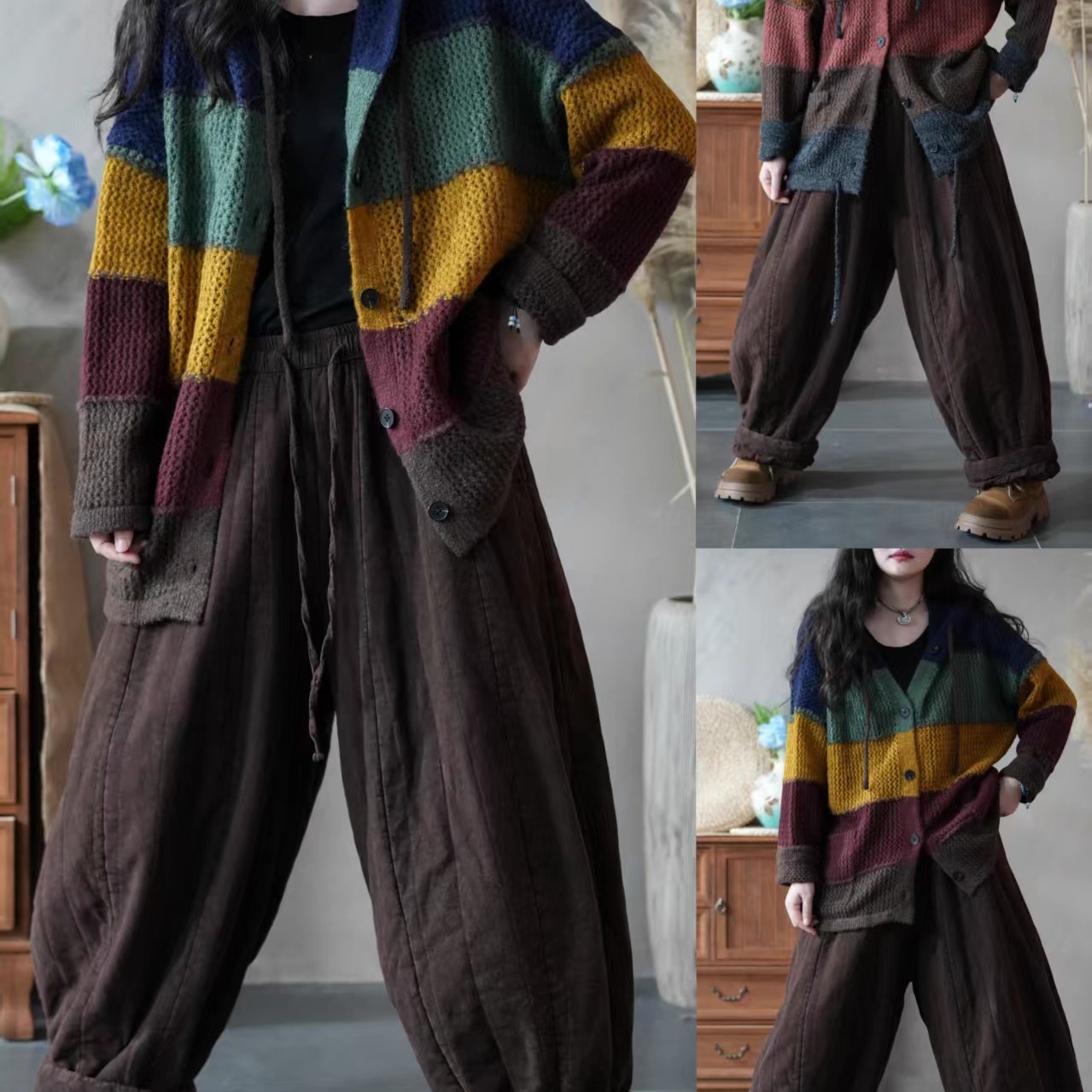 2025秋季新款大码女装撞色大版宽松显瘦百搭休闲毛衣女长袖上衣