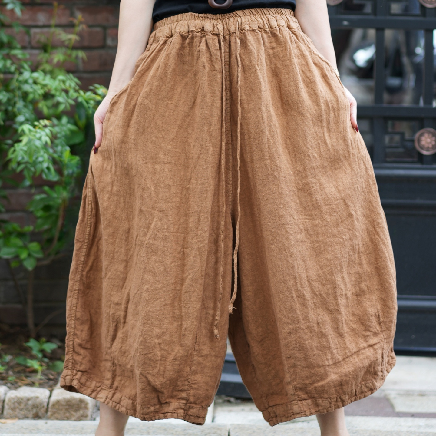 复古大版松紧腰200斤胖妹妹麻料阔腿裤女抽绳个性纯色七分裤