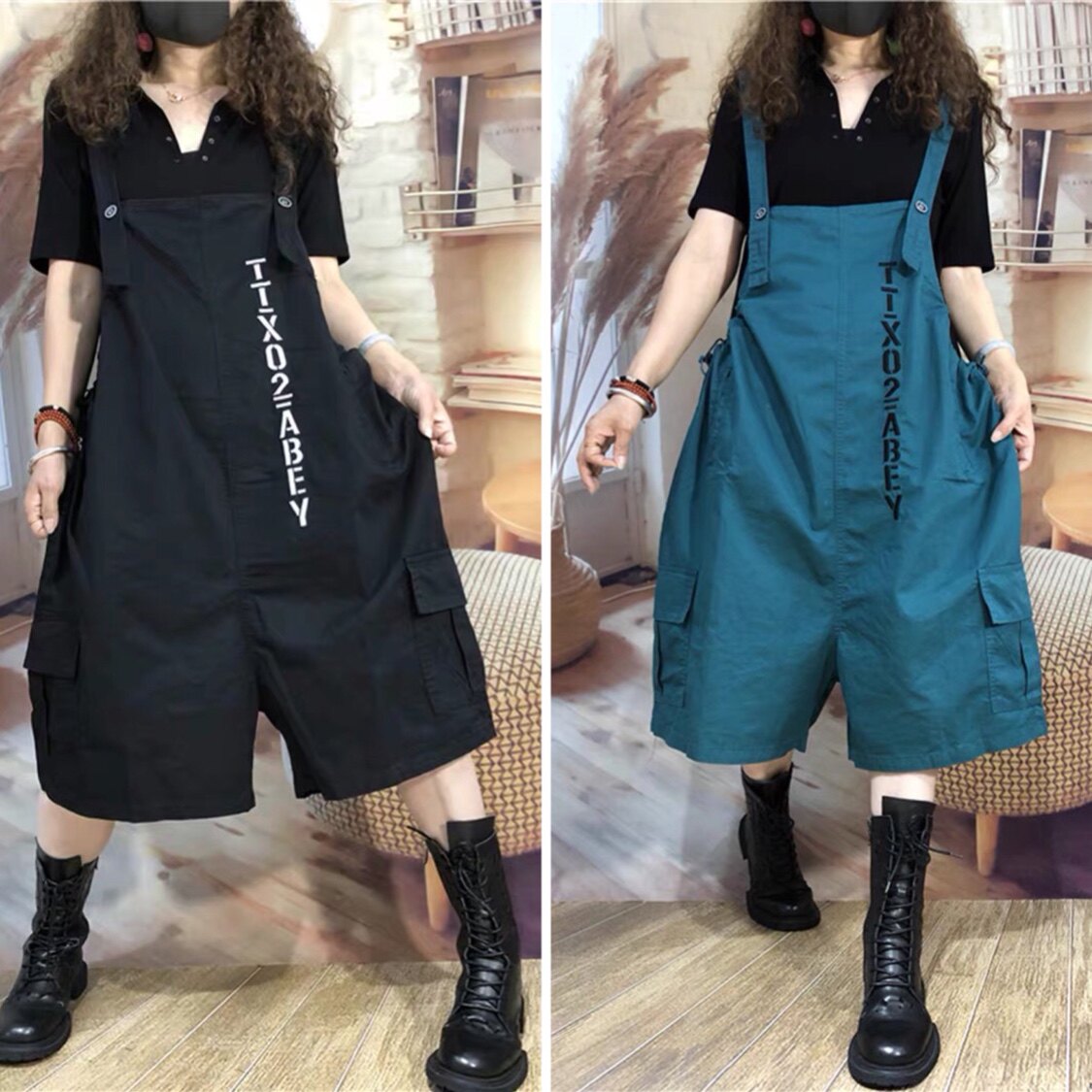 小妍森女系 夏季背带裤纯色大码文艺遮肉阔腿裤韩版宽松吊带裤