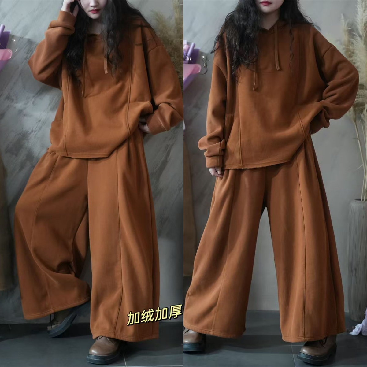 大码休闲净版胖mm套装女秋季新款厚实纯棉连帽卫衣+阔腿裤两件套