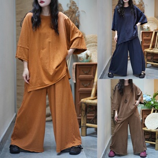 阔腿裤 女士百搭休闲慵懒风T恤 遮肉两件套 胖MM炒色套装 大码