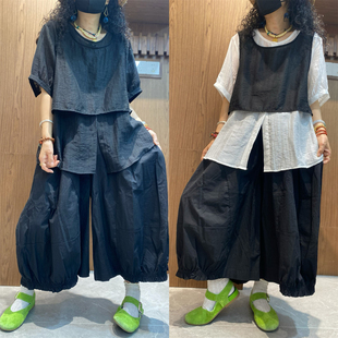 马夹 衬衣两件套上衣女2025夏季 纯色短款 短袖 新款 宽松日系薄款