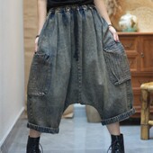 松紧腰抽绳炒色吊裆裤 新款 女2025夏季 复古设计感大口袋牛仔垮裤