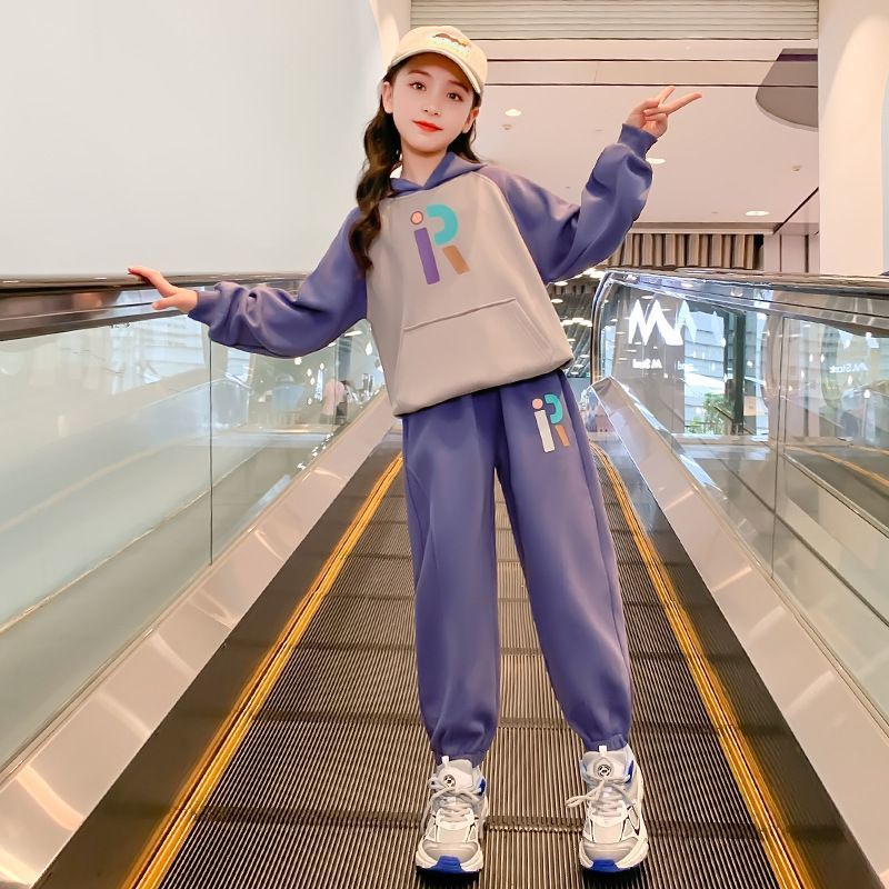 女童春秋连帽撞色卫衣套装秋装潮