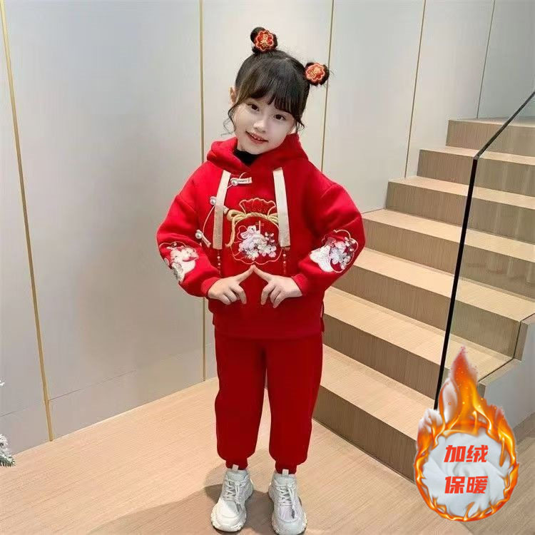 女童加绒套装冬装2026新款儿童本命年春节过拜年服中大童红色卫衣