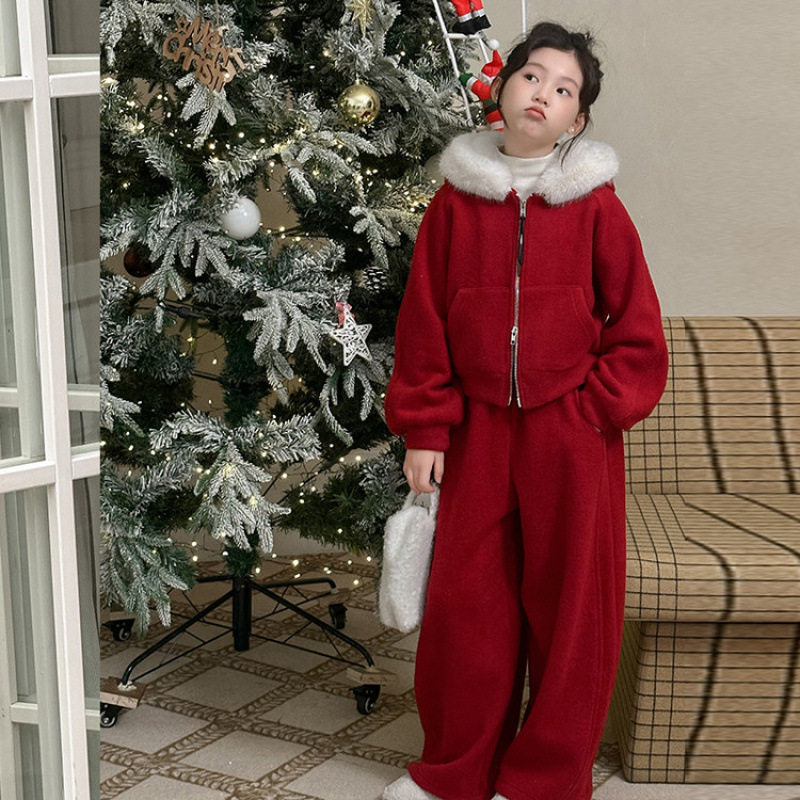 女童红色卫衣套装加绒加厚秋冬2026新款儿童冬装洋气大童新年衣服