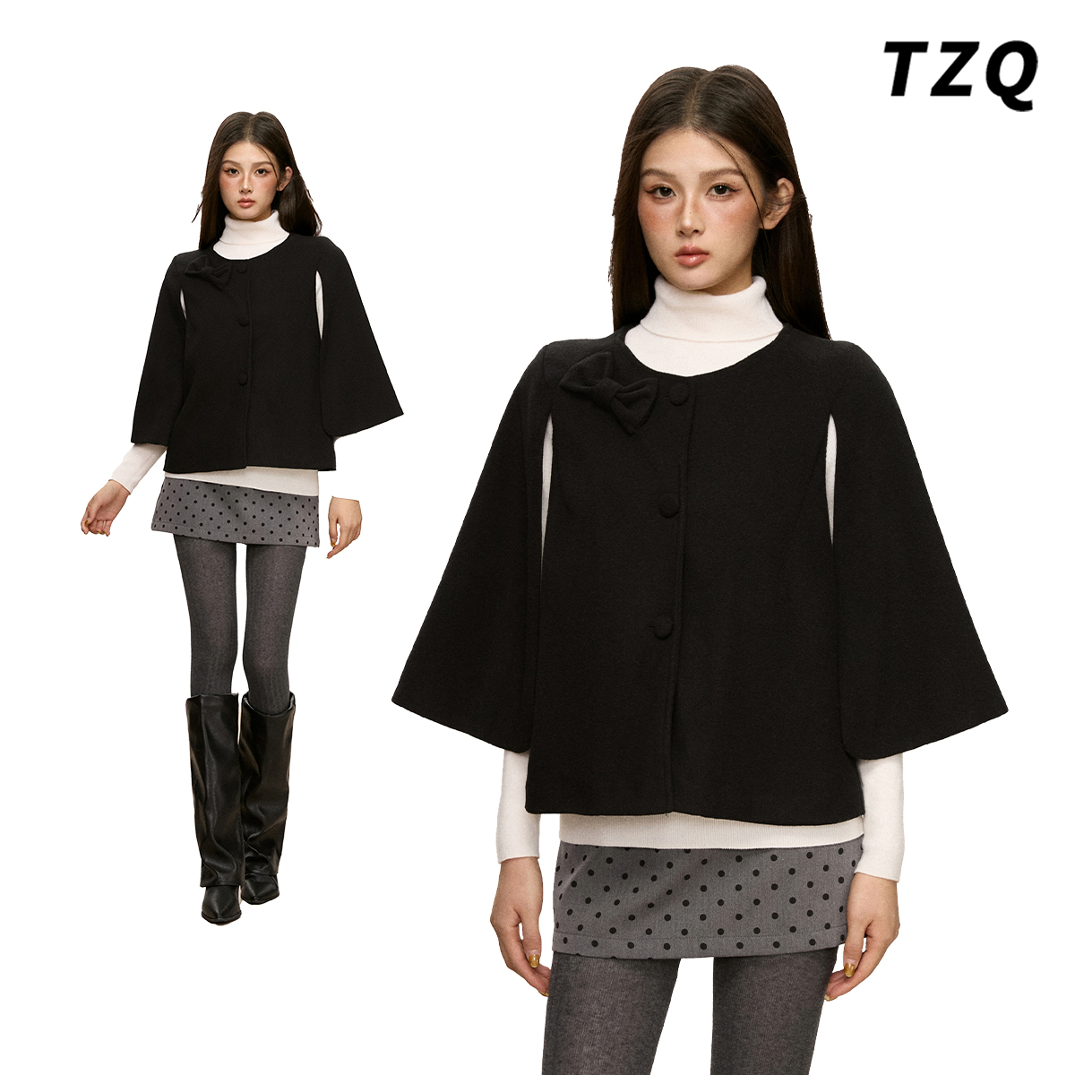 甜美风斗篷外套女2025新款黑色