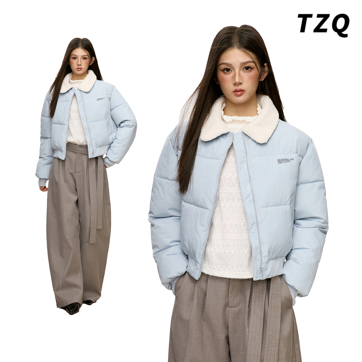 甜美风羊羔毛翻领拉链短款外套