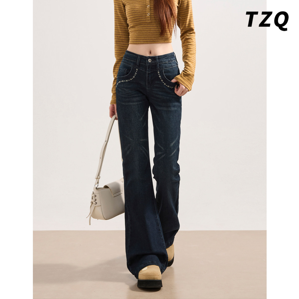 复古猫须设计感微喇牛仔裤