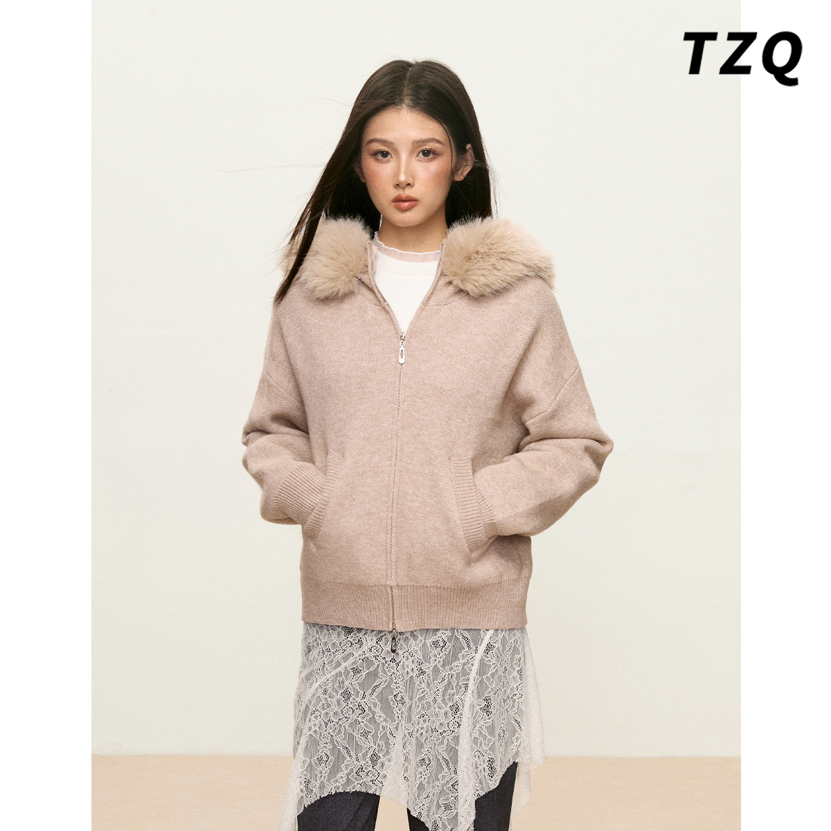 大毛领连帽针织开衫女2025新款