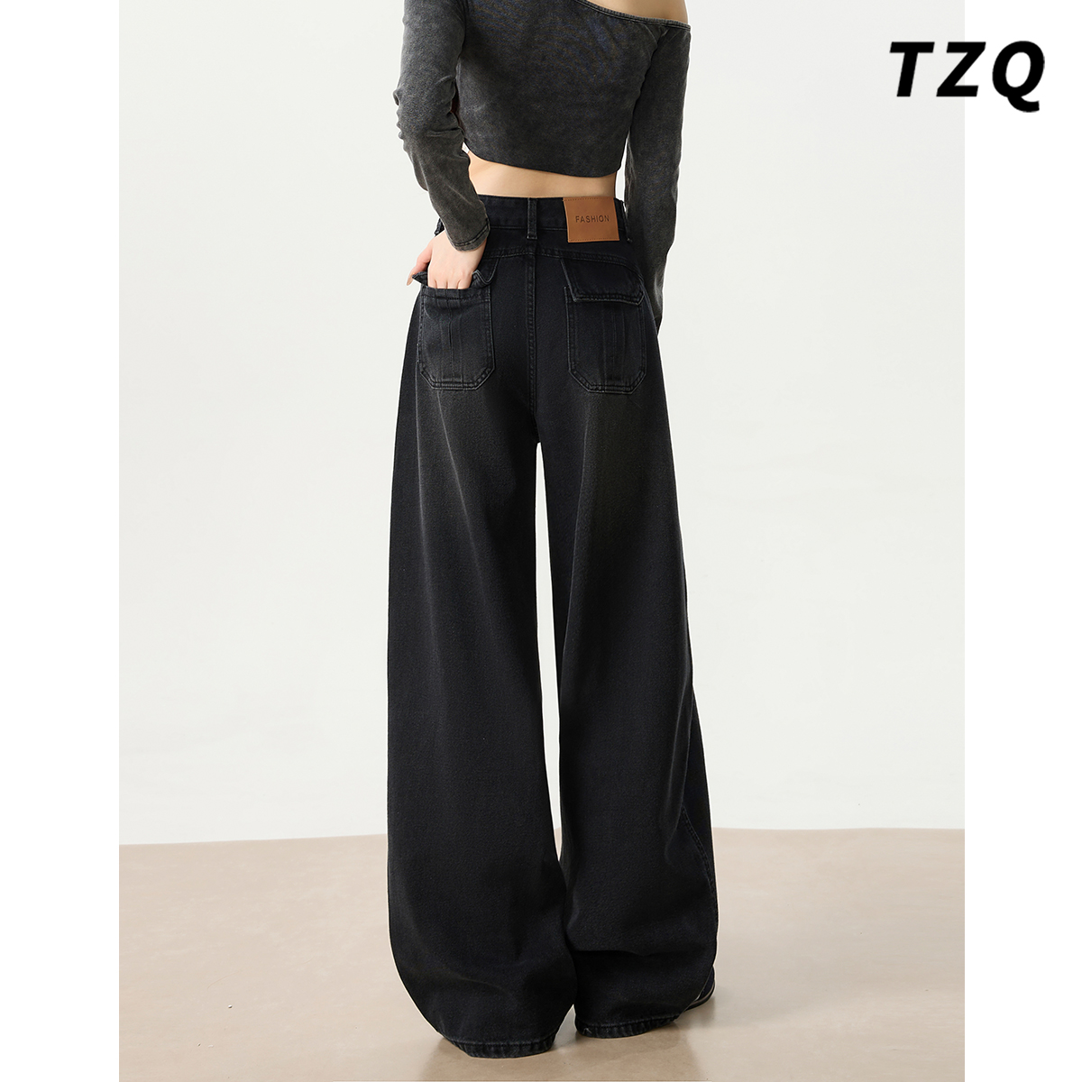 美式复古风黑灰色阔腿牛仔裤女