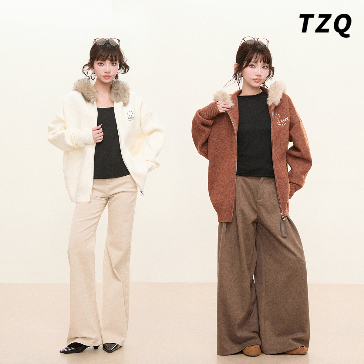 拉链毛领开衫女冬季保暖显瘦