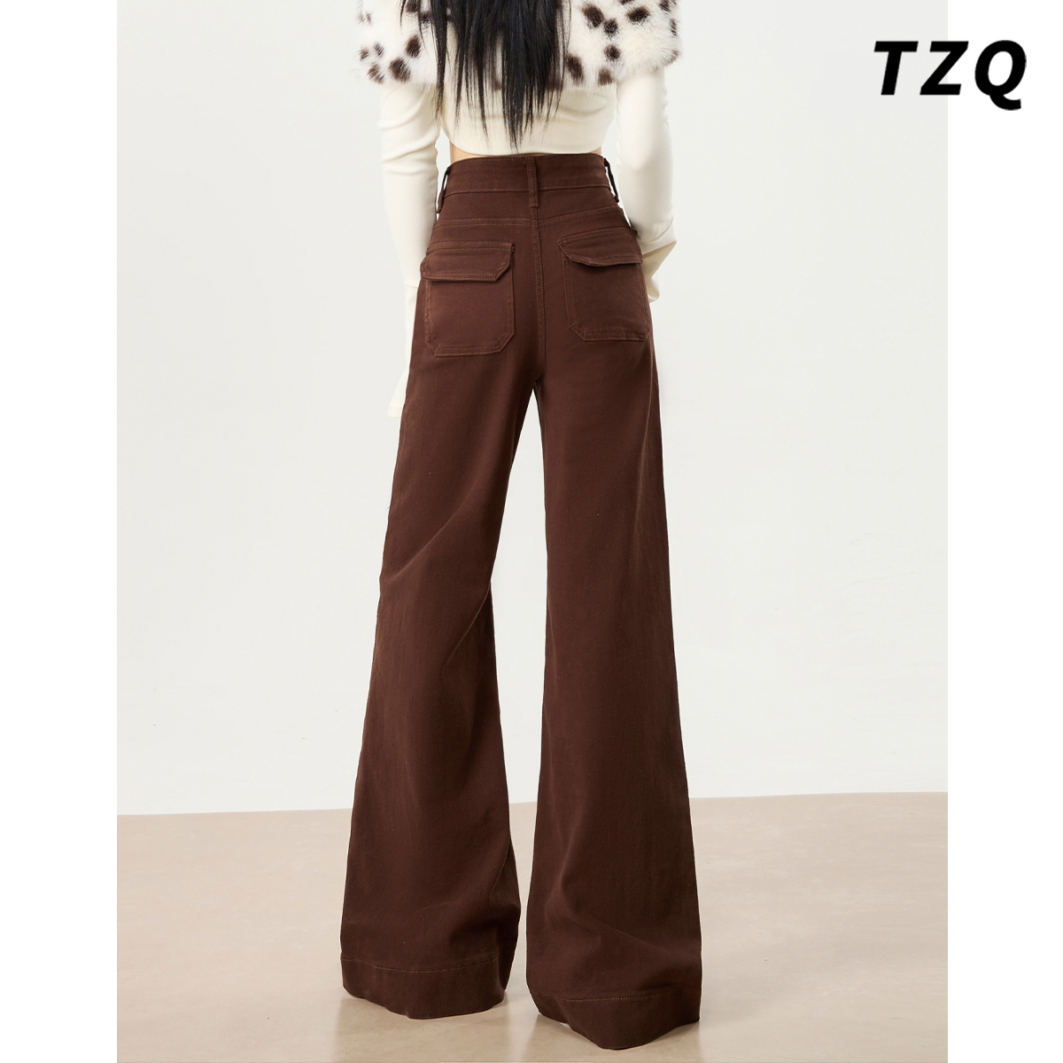 加绒款咖色高腰微喇牛仔裤