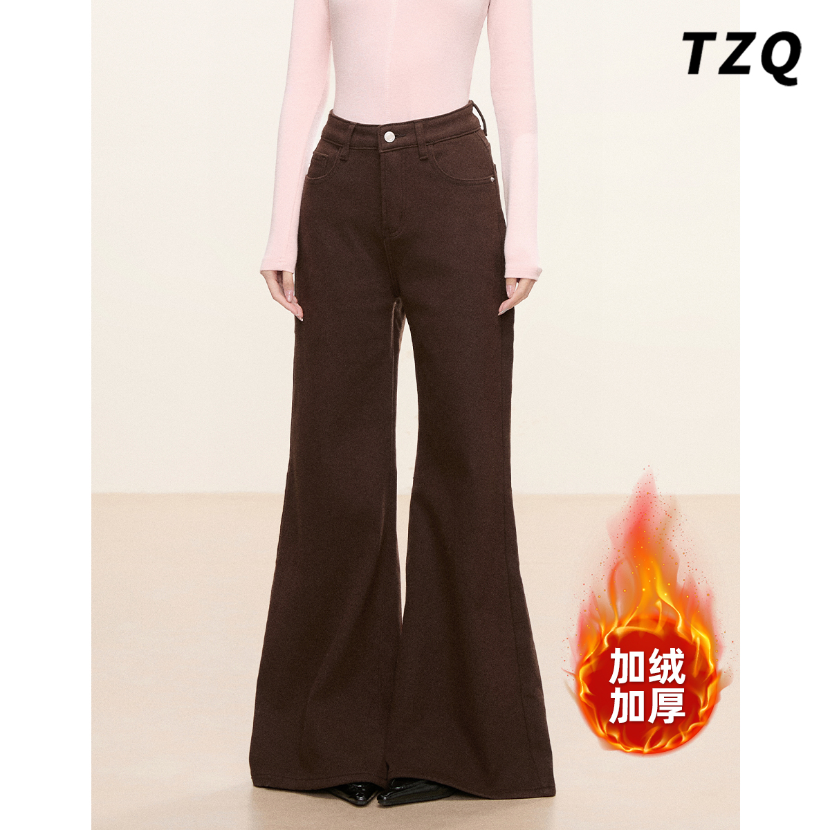 咖色加绒不贴腿微喇牛仔裤