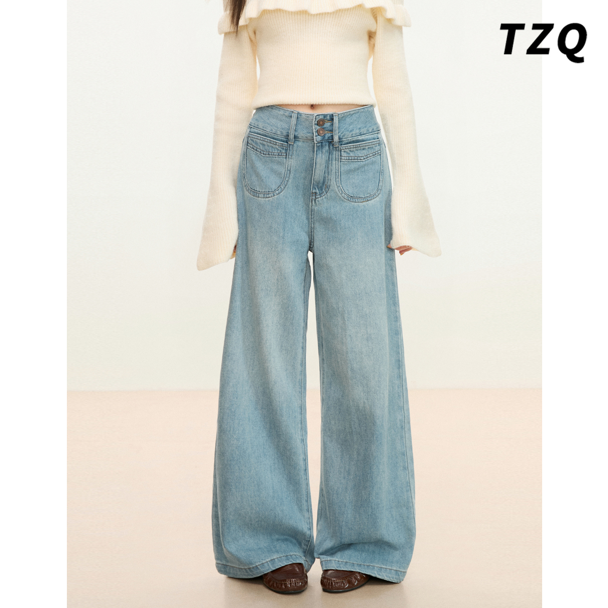 高腰百搭双扣设计感阔腿牛仔裤女