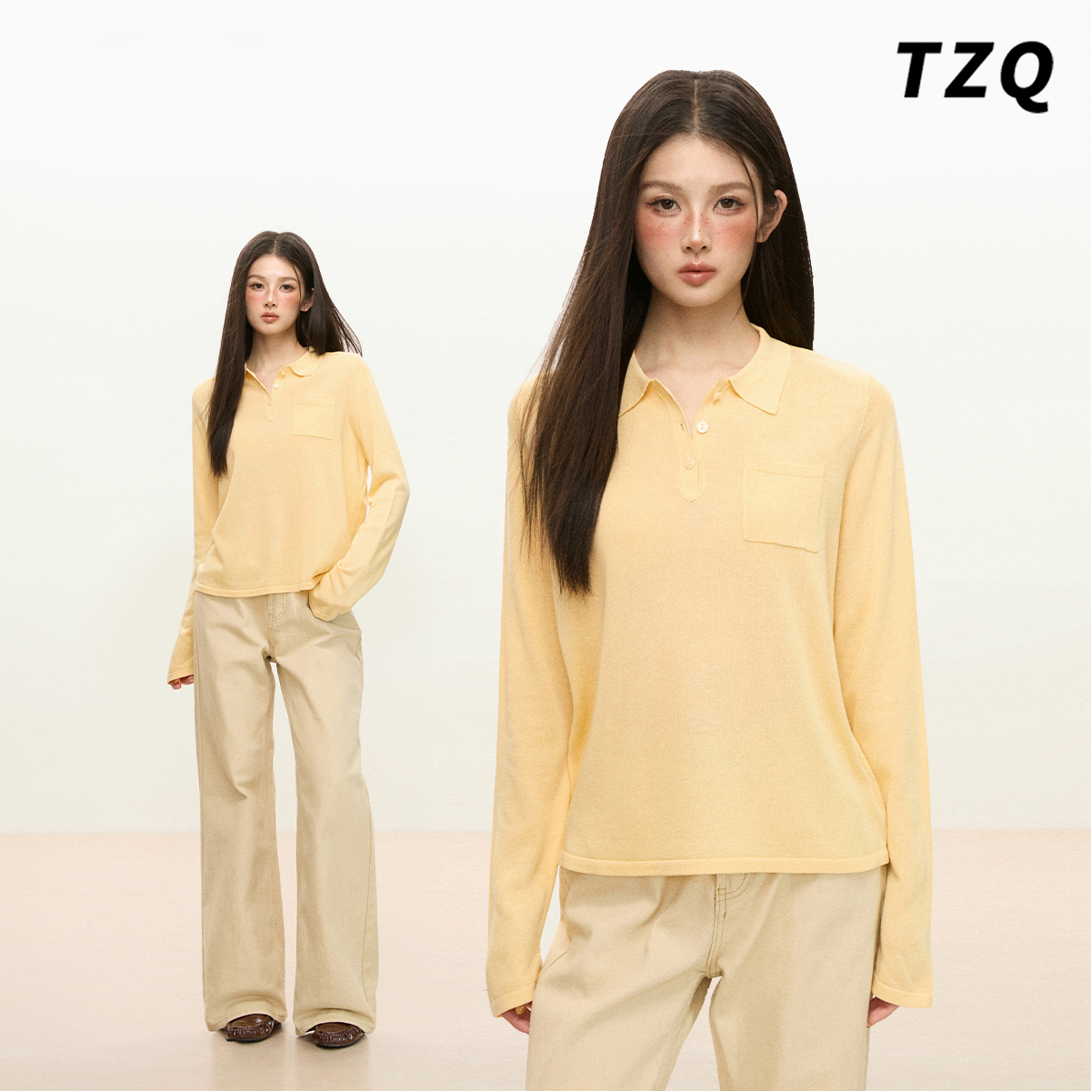 设计感气质简约正肩polo领T恤女