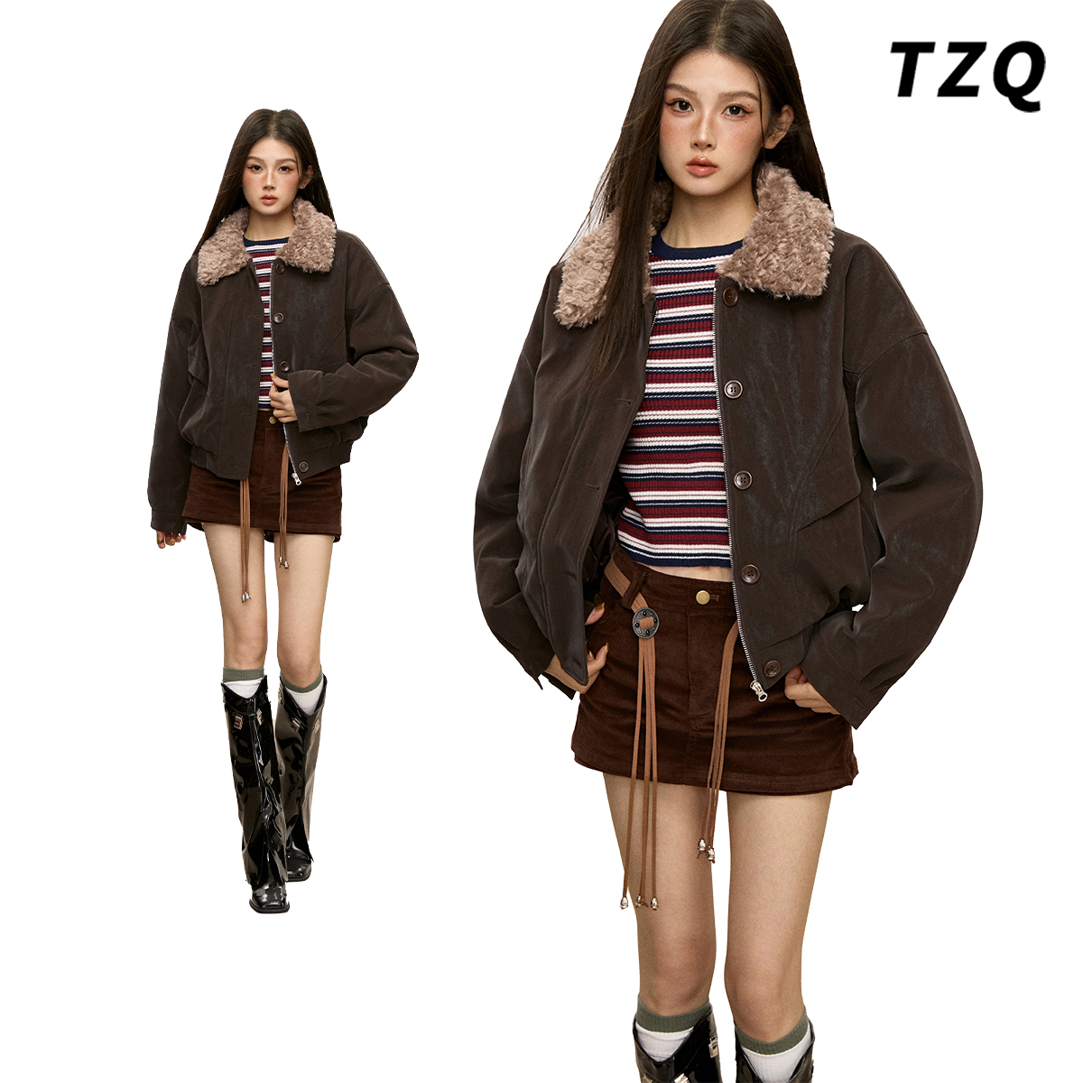 拉夏贝尔复古风毛领短外套