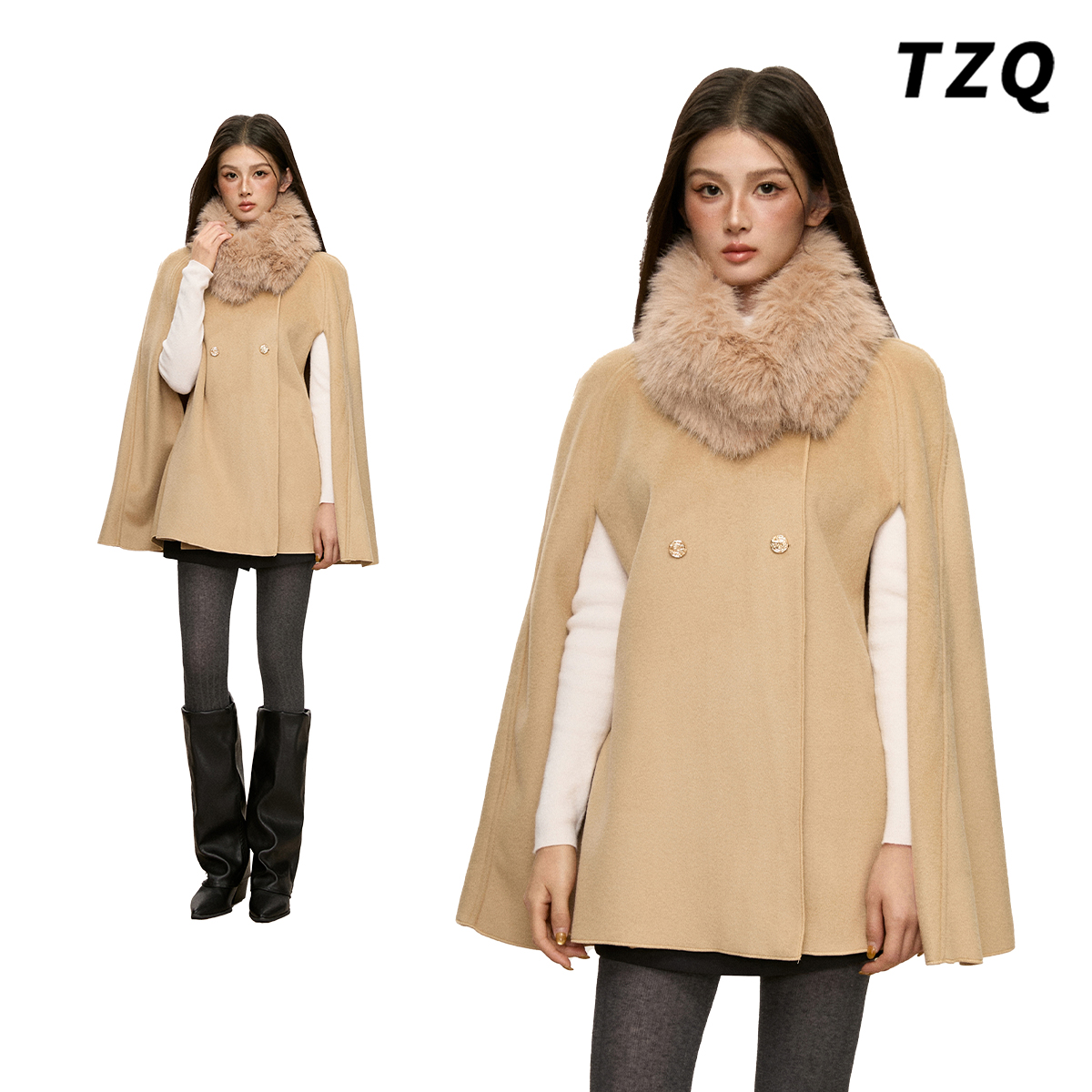 千金风毛领斗篷外套女新款中长款