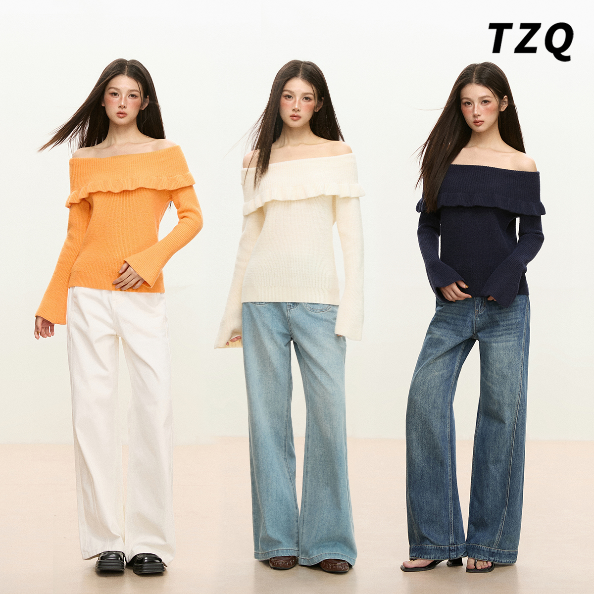 慵懒风纯色气质一字肩长袖针织衫