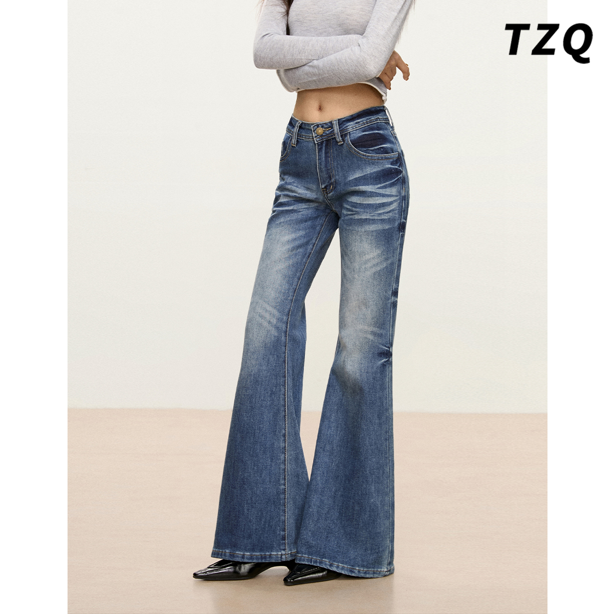 复古低腰猫须微喇牛仔裤