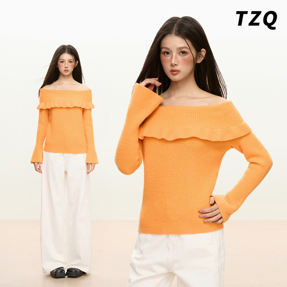 橘色温柔风气质一字肩毛衣