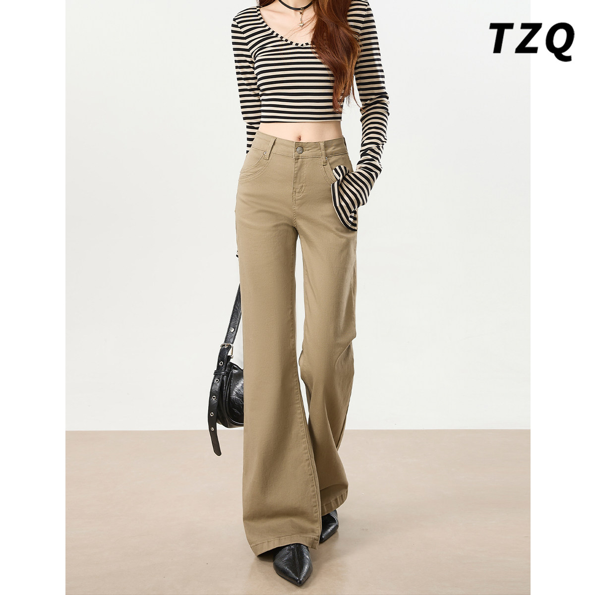 卡其色复古微喇牛仔裤
