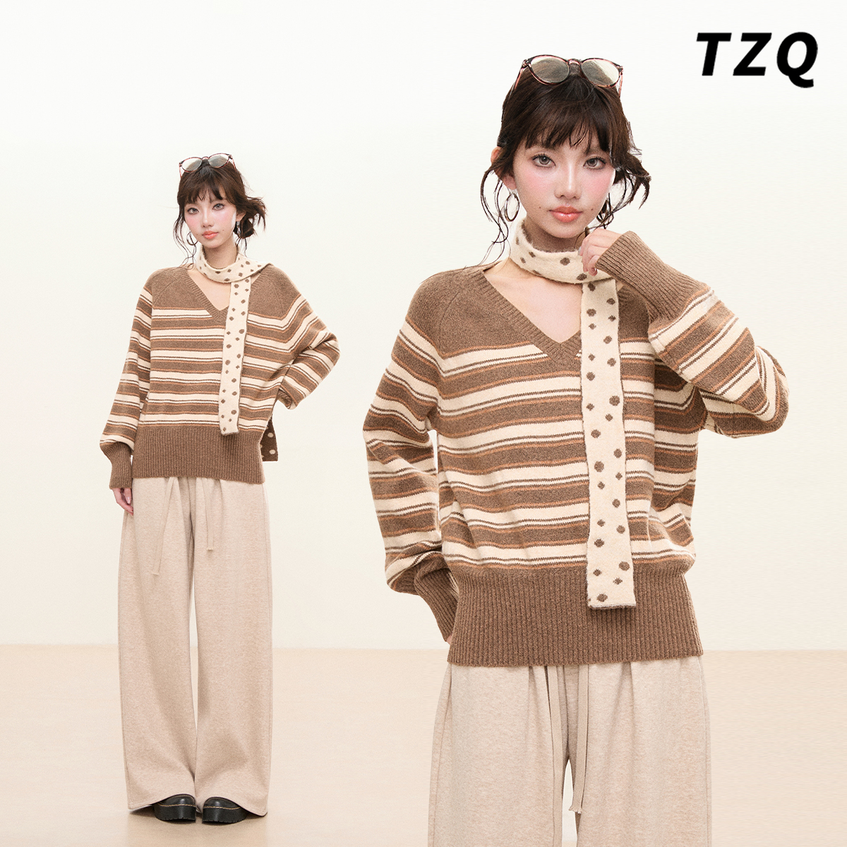 咖色条纹V领宽松保暖毛衣女